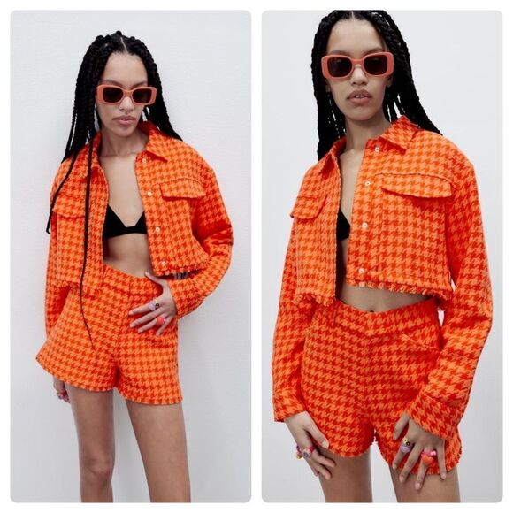 Zara Blogger’s Favorite Orange Textured Collared Frayed Hem Short Jacket, Large - Picture 2 of 16